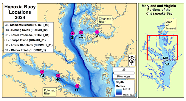 map of NCBO hypoxia buoy locations in 2024