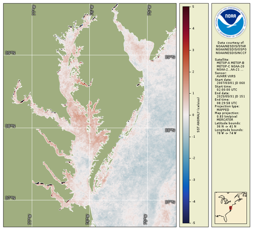 Map showing water temperature anomalies for the Chesapeake Bay, spring 2026